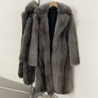 OFTBUY Luxury Long-Length Belted Faux Fur Coat - Premium Vegan Silver Fox Style Overcoat with Oversized Lapel