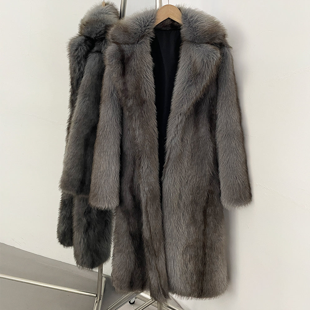 OFTBUY Luxury Long-Length Belted Faux Fur Coat - Premium Vegan Silver Fox Style Overcoat with Oversized Lapel