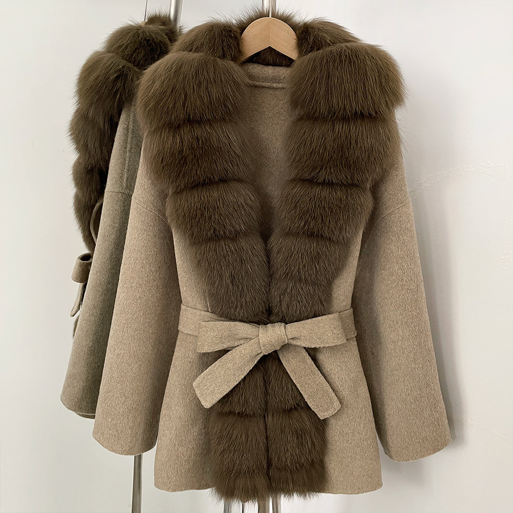 OFTBUY New Autumn Winter Clothes Women Big Natural Fox Fur Pinnacle 100% Wool Coat Female Belt Real Fur Collar Woolen Jacket