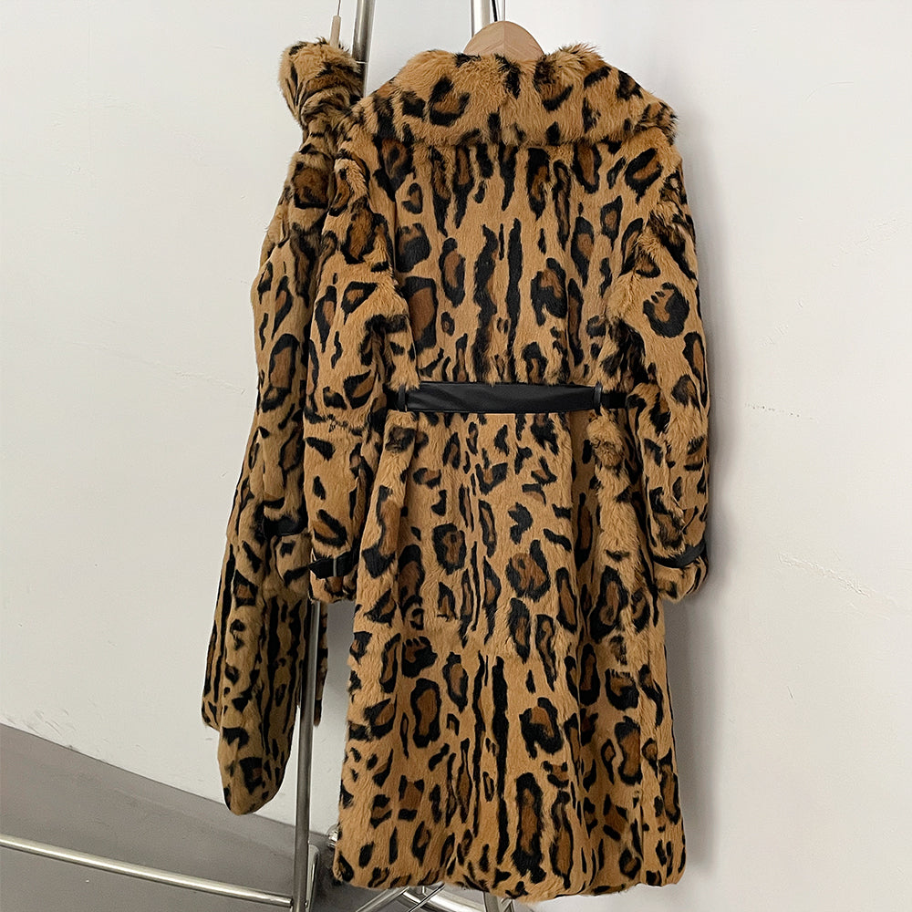 Back full view of knee-length leopard print real rabbit fur long coat