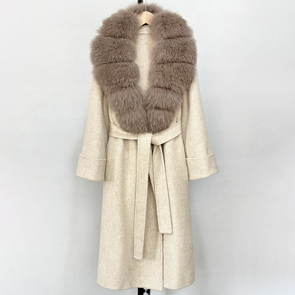 OFTBUY Long Belt 100% Wool Coat with Real Fox Fur Collar Warm Natural Fur Woolen Jacket Female New Autumn Winter Clothing Women