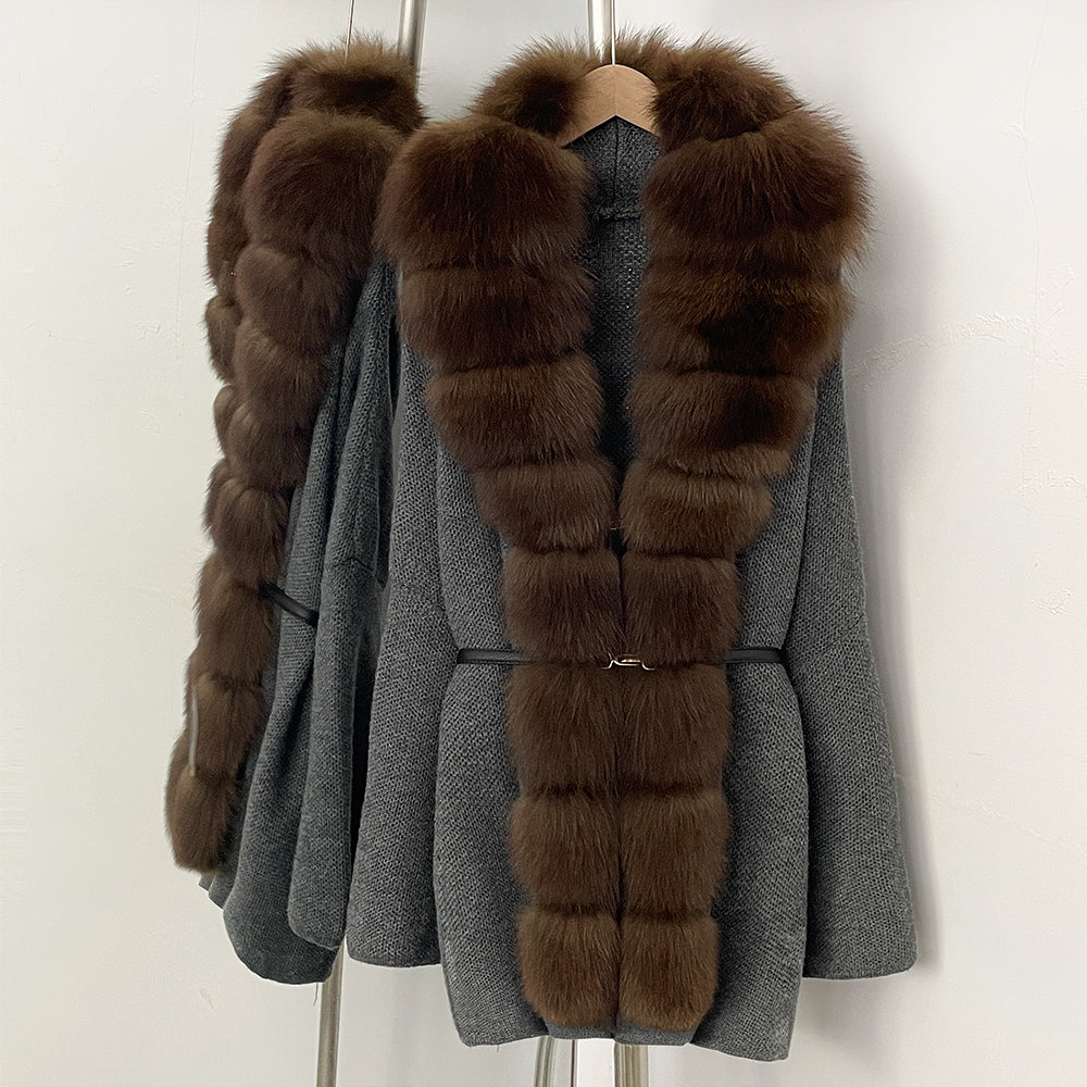 OFTBUY Metal Belt Knit Warm Winter Luxury Fashion Outerwear Sweater Cardigan New Women's Knit Coat with Full Real Fox Fur Front