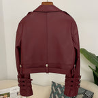 OFTBUY New Women's Genuine Leather Cropped Moto Jacket Crocodile Embossed Real Leather Biker Coat with Belt Punk Rock Outerwear