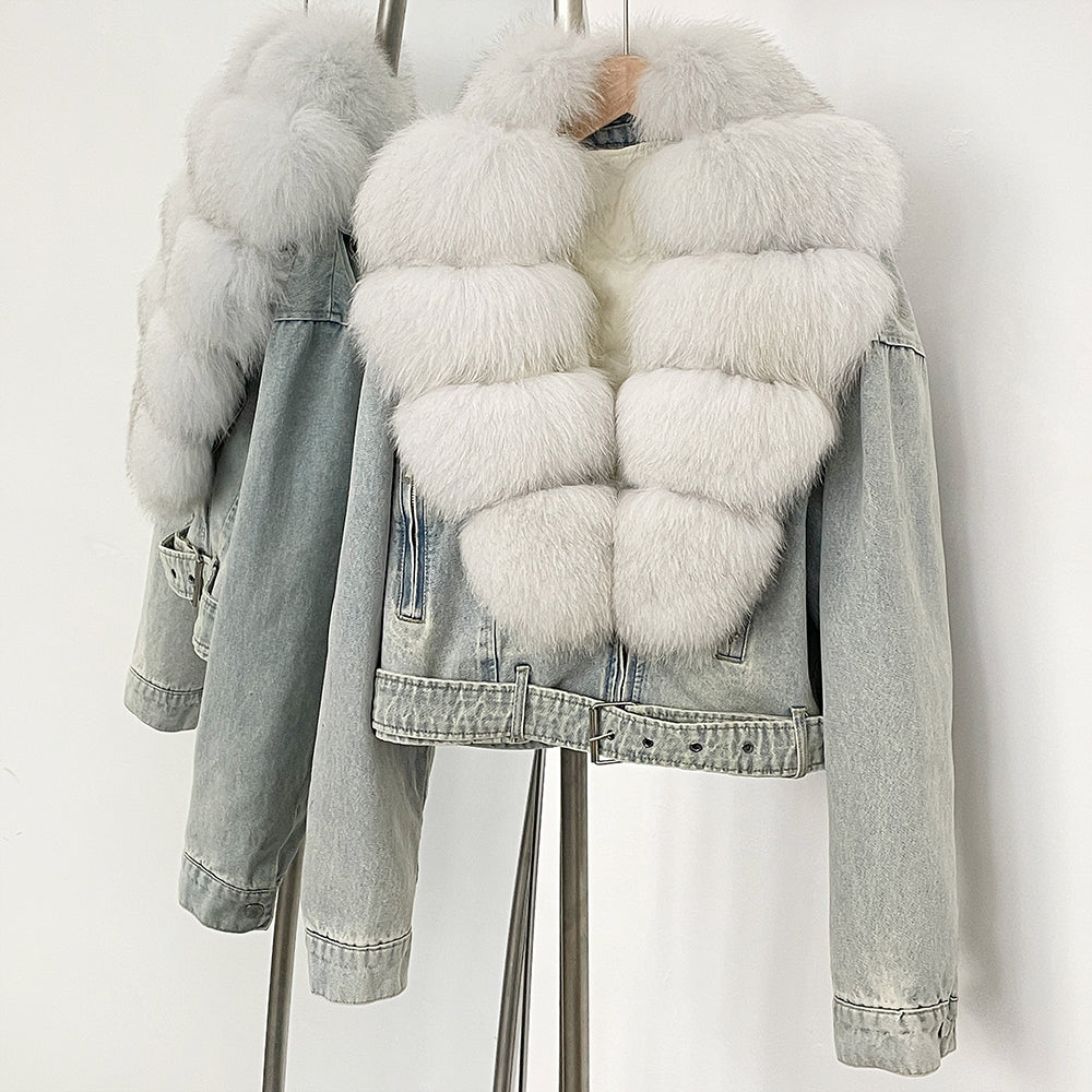 OFTBUY Real Fox Fur Collar Down Inner Lid Denim Jacket Female New Fashion Thick Warm Clothes Women Short Fluffy Puffer Jacket