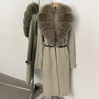 OFTBUY Warm Winter Elegant Fashion knit Outerwear female New Women's Knit Long Coat with Large Real Fox Fur Collar Belted Waist