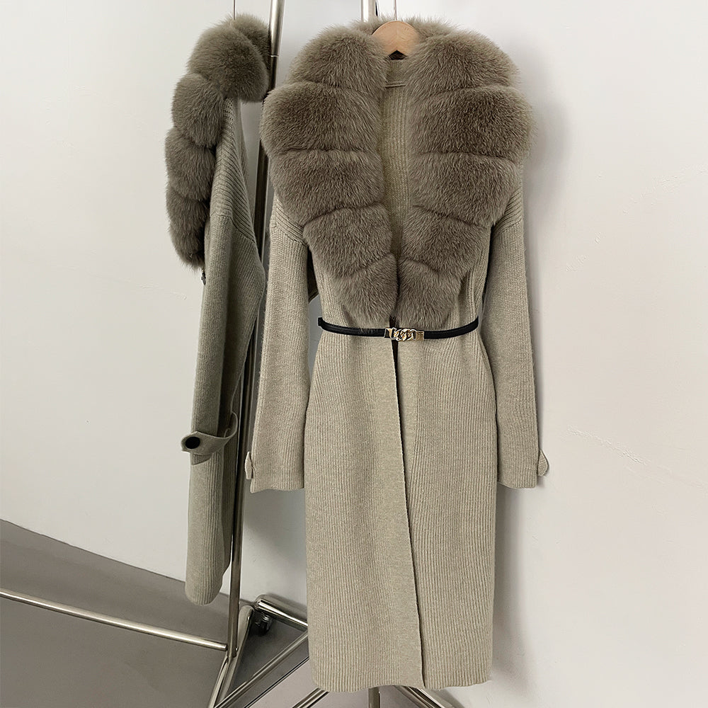 OFTBUY Warm Winter Elegant Fashion knit Outerwear female New Women's Knit Long Coat with Large Real Fox Fur Collar Belted Waist