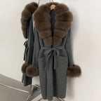 OFTBUY New Cardigan Autumn Winter Long Knit Clothing Women Loose Warm Belt Sweater Jacket with Real Fox Fur Collar and Cuffs
