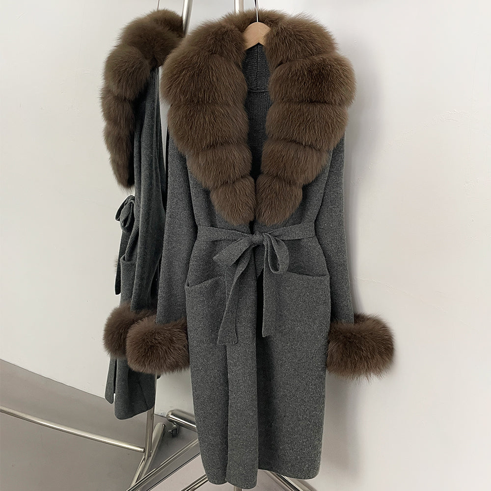 OFTBUY New Cardigan Autumn Winter Long Knit Clothing Women Loose Warm Belt Sweater Jacket with Real Fox Fur Collar and Cuffs
