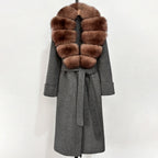 OFTBUY Long Belt 100% Wool Coat with Real Fox Fur Collar Warm Natural Fur Woolen Jacket Female New Autumn Winter Clothing Women
