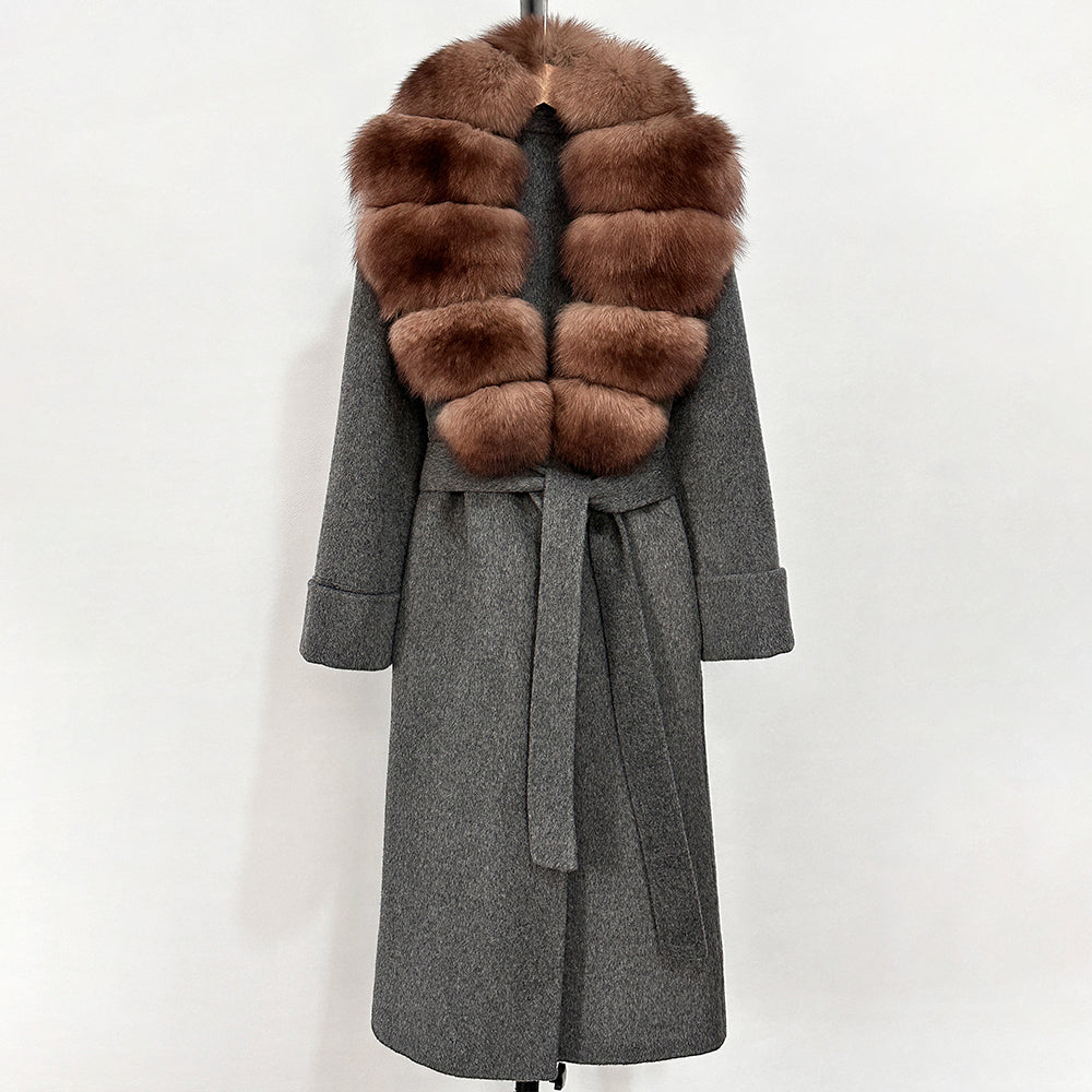 OFTBUY Long Belt 100% Wool Coat with Real Fox Fur Collar Warm Natural Fur Woolen Jacket Female New Autumn Winter Clothing Women