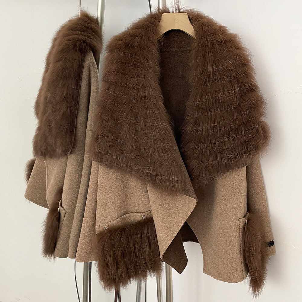 OFTBUY Fur Pockets Winter Luxury Outerwear Woolen Jacket Female New Women's Double Face Wool Coat with Large Real Fox Fur Collar