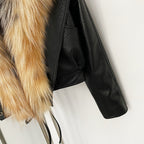 OFTBUY Women's Faux Leather Moto Jacket with Real Fox Fur Collar PU Leather Cropped Biker Coat with Lace-Up New Winter Outerwear