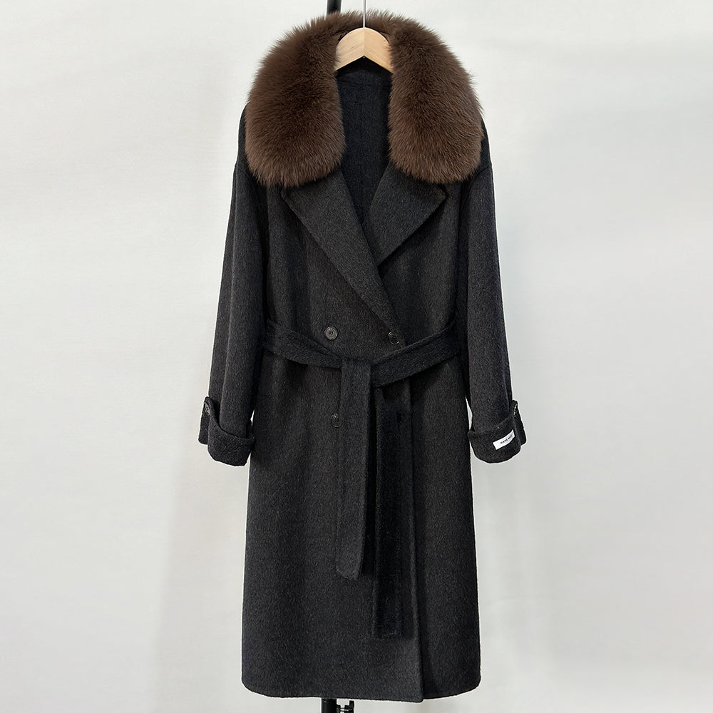 OFTBUY Winter Clothes Women Large Natural Fox Fur Jacket Long Wool Blends Cashmere Coat Belt Female Warm Woolen Streetwear