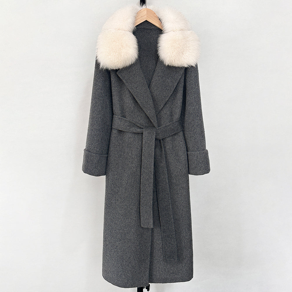 OFTBUY Belted Warm Winter Elegant Fashion Outerwear Female New Women's Double-Faced Wool Coat with Large Real Fox Fur Collar