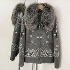 OFTBUY Women's Vintage Real Fox Fur Collar Knit Cardigan Paisley Print Zip Up Sweater Jacket Female Warm Winter Luxury Outerwear