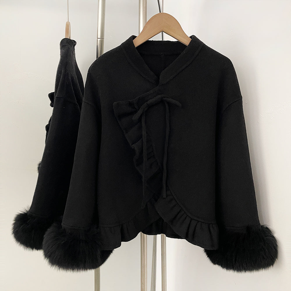 OFTBUY New Women's Wool Jacket with Real Fox Fur Cuffs Winter Elegant Fashion Clothing Outerwear Short Luxury Woolen Coat Female