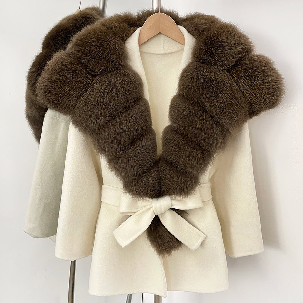 OFTBUY Belt Real Fox Fur Wool Coat Female New Autumn Winter Warm Clothes Women Natural Fox Fur Collar Cashmere Woolen Jacket