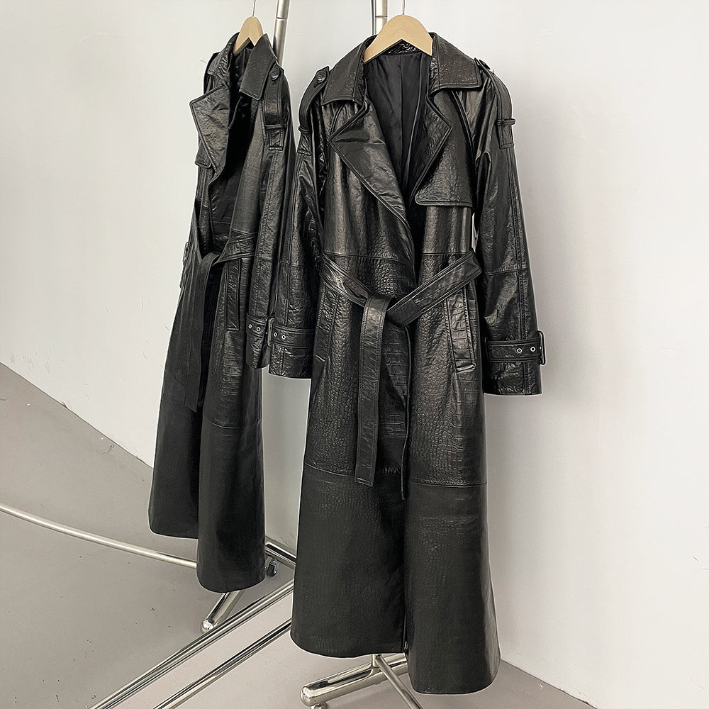 OFTBUY Hot Sales Fashion New Spring Autumn Real Leather Clothing Women's Long Belt Genuine Leather Jacket Female Black Coat