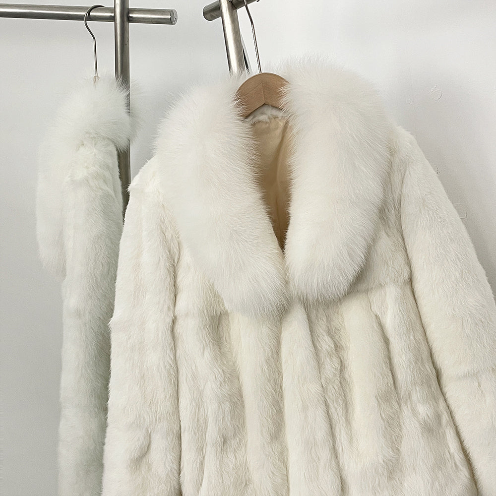 OFTBUY Natural Rabbit Fur Coat Female New Thickened Warm Top Clothing Women Fashion Fluffy Real Fox Fur Collar Jacket Lady