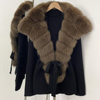 OFTBUY New Women's Knit Cardigan with Oversized Real Fox Fur Collar Belt Luxury Warm Winter Outerwear Sweater Jacket Female