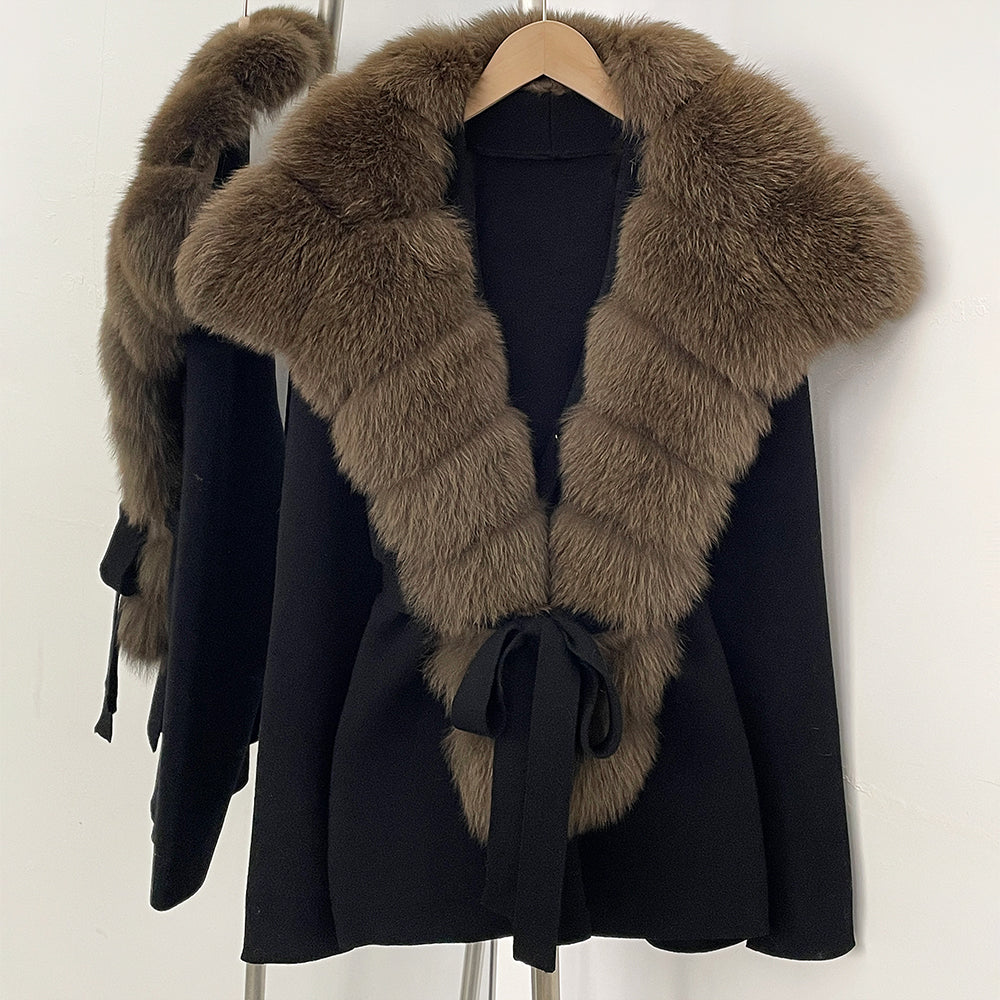 OFTBUY New Women's Knit Cardigan with Oversized Real Fox Fur Collar Belt Luxury Warm Winter Outerwear Sweater Jacket Female