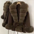 OFTBUY Big Natural Fox Fur Pinnacle 100% Wool Coat Female New Autumn Winter Clothes Women Belt Natural Fur Collar Woolen Jacket