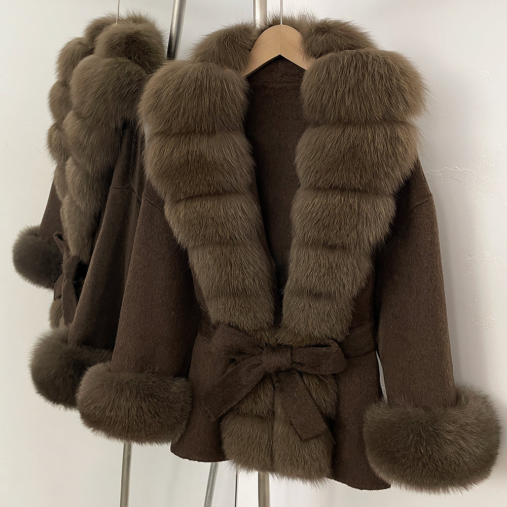 OFTBUY Big Natural Fox Fur Pinnacle 100% Wool Coat Female New Autumn Winter Clothes Women Belt Natural Fur Collar Woolen Jacket