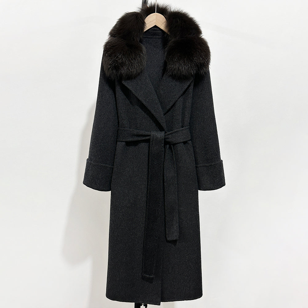 OFTBUY Belted Warm Winter Elegant Fashion Outerwear Female New Women's Double-Faced Wool Coat with Large Real Fox Fur Collar