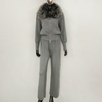 OFTBUY Winter New Women's Knitted Tracksuit Set with Fox Fur Collar Zipper Jacket Wide Leg Pants Luxury Casual Two-Piece Outfit