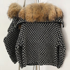 OFTBUY Women's Real Fox Raccoon Fur Collar Houndstooth Knit Cardigan Warm Winter Sweater Coat Female Luxury Elegant Outerwear