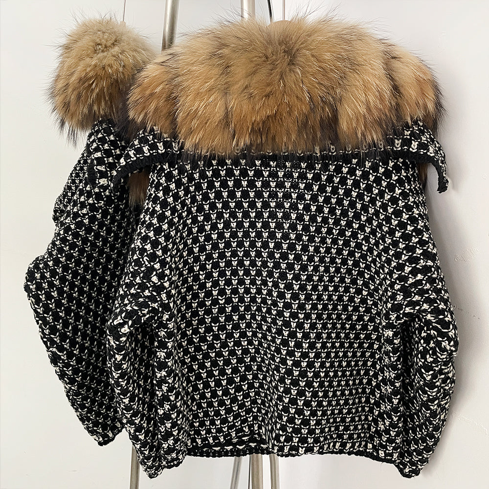 OFTBUY Women's Real Fox Raccoon Fur Collar Houndstooth Knit Cardigan Warm Winter Sweater Coat Female Luxury Elegant Outerwear