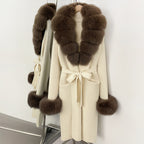 OFTBUY New Cardigan Autumn Winter Long Knit Clothing Women Loose Warm Belt Sweater Jacket with Real Fox Fur Collar and Cuffs