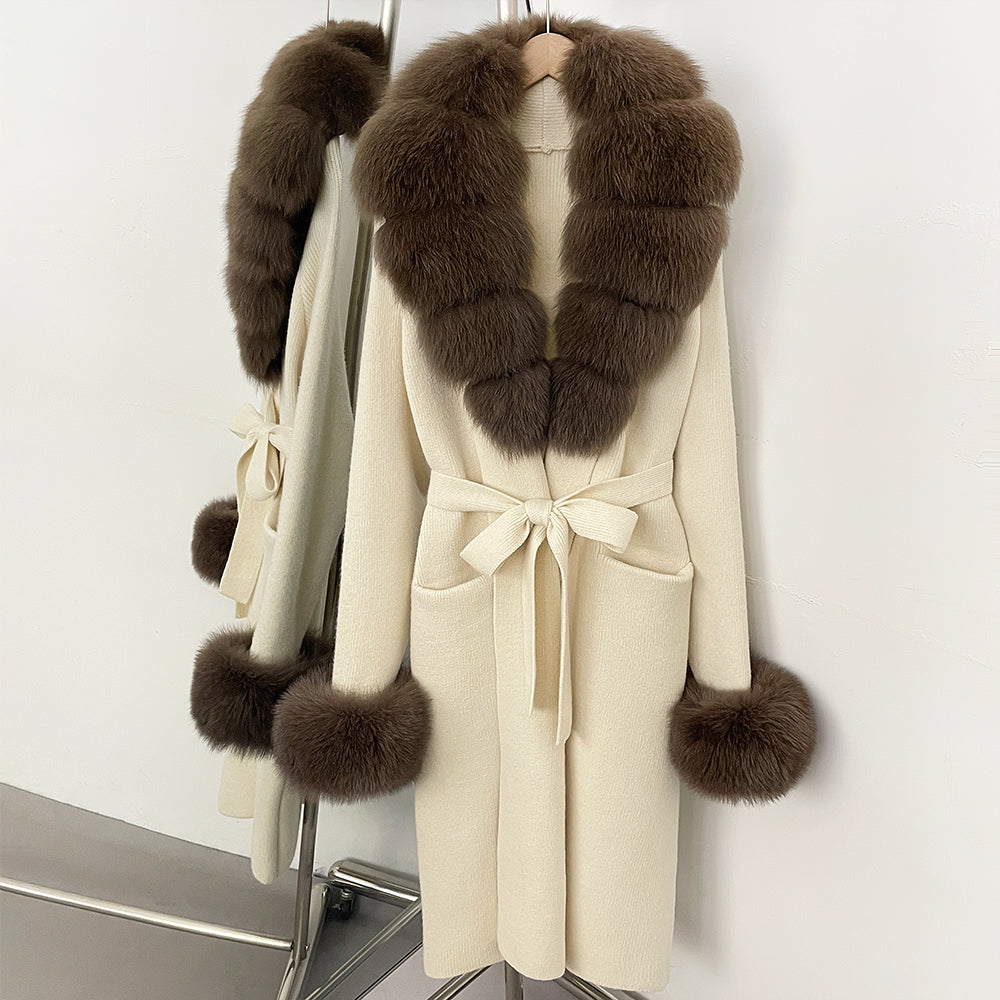 OFTBUY New Cardigan Autumn Winter Long Knit Clothing Women Loose Warm Belt Sweater Jacket with Real Fox Fur Collar and Cuffs