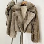 OFTBUY Luxury Oversized Lapel Faux Fur Jacket - Premium Vegan Fur Short Coat for Winter Glamour