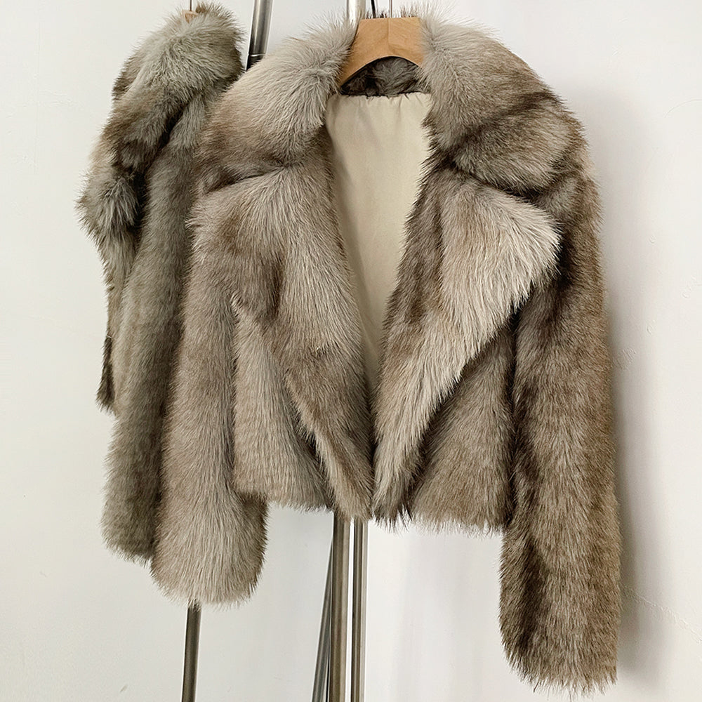 OFTBUY Luxury Oversized Lapel Faux Fur Jacket - Premium Vegan Fur Short Coat for Winter Glamour