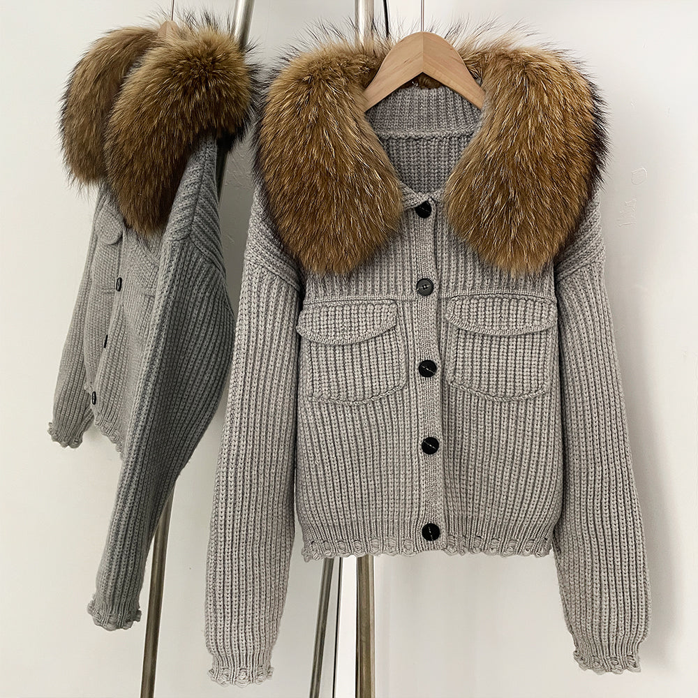 OFTBUY Short Natural Fox Fur Collar Knitted Sweater Coat FemaleReal Fur Clothing New Autumn Winter Knitting Cardigan Women