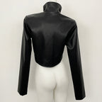 OFTBUY New Women's Faux Leather Cropped Jacket Stand Collar Asymmetric Hem Closure Streetwear Fashion Outerwear Clothing Female