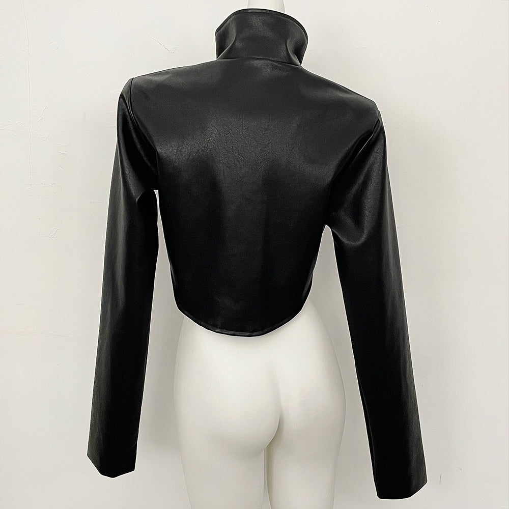 OFTBUY New Women's Faux Leather Cropped Jacket Stand Collar Asymmetric Hem Closure Streetwear Fashion Outerwear Clothing Female