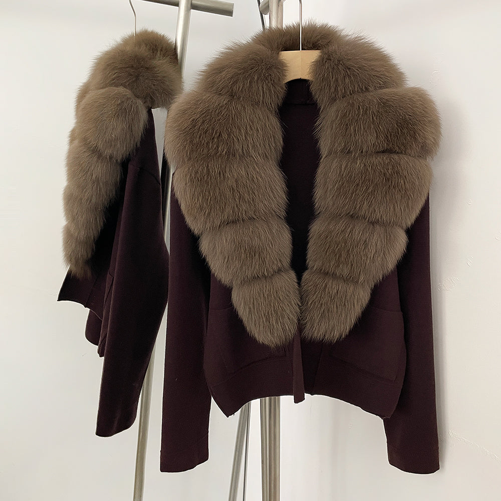 OFTBUY New Women's Knit Cardigan with Large Real Fox Fur Collar Loose Fit Warm Winter Fashion Lady Outerwear Sweater Female