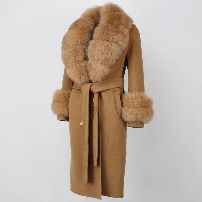 OFTBUY Winter Jacket Women Long Natural Wool Blends Cashmere Real Fur Coat Double Breasted Belt Warm Streetwear New Fashion