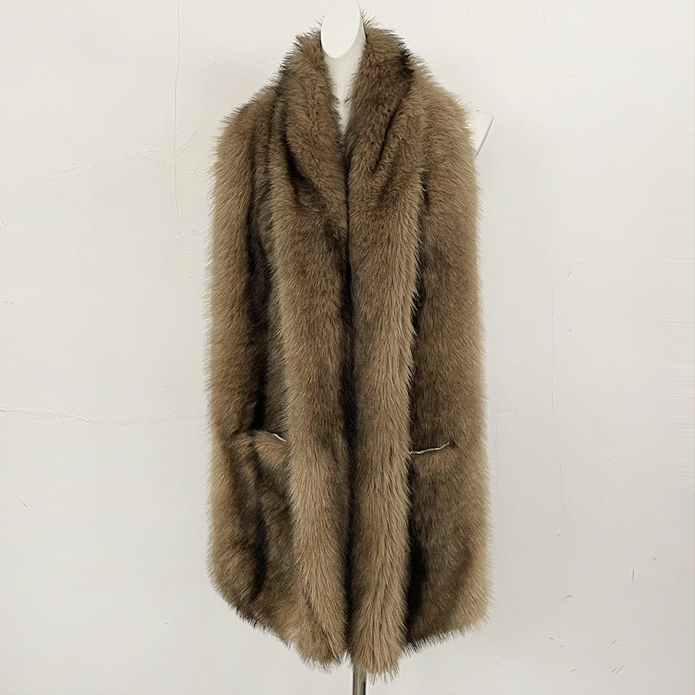 OFTBUY Luxury Long-Line Faux Fur Gilet - Premium Vegan Fox Fur Sleeveless Overcoat with Oversized Shawl Collar