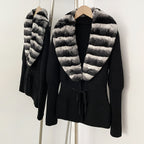 OFTBUY Drawstring Waist Slim Fit Jacket Warm Winter Outerwear New Women's 100% Cotton Knit Cardigan with Striped Rex Rabbit Fur