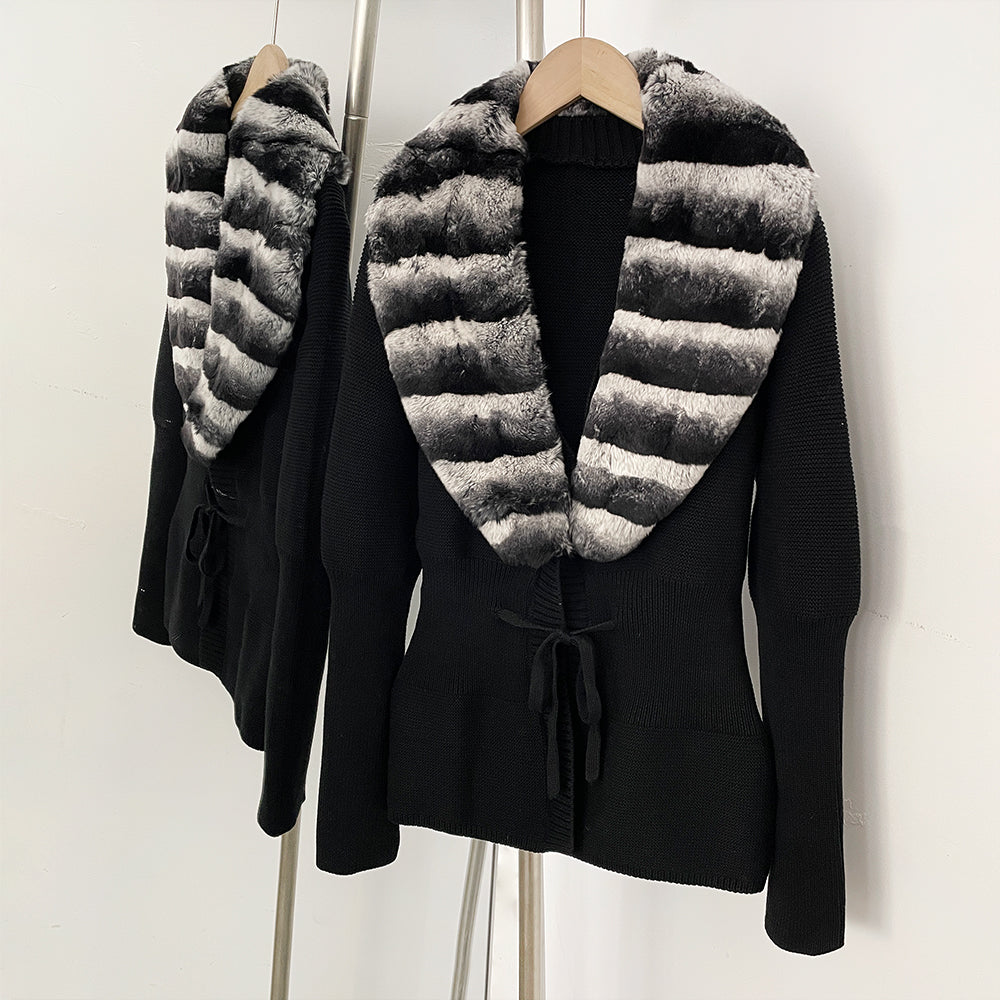 OFTBUY Drawstring Waist Slim Fit Jacket Warm Winter Outerwear New Women's 100% Cotton Knit Cardigan with Striped Rex Rabbit Fur