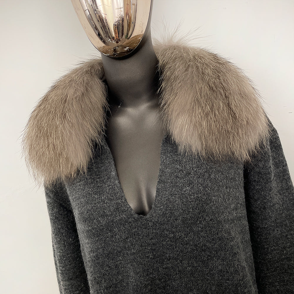 OFTBUY New Women's Knit Two Piece Set with Real Fox Fur Collar Loose Pants Warm Winter Elegant Casual Outfit Sweater Female