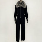 OFTBUY Winter New Women's Knitted Tracksuit Set with Fox Fur Collar Zipper Jacket Wide Leg Pants Luxury Casual Two-Piece Outfit