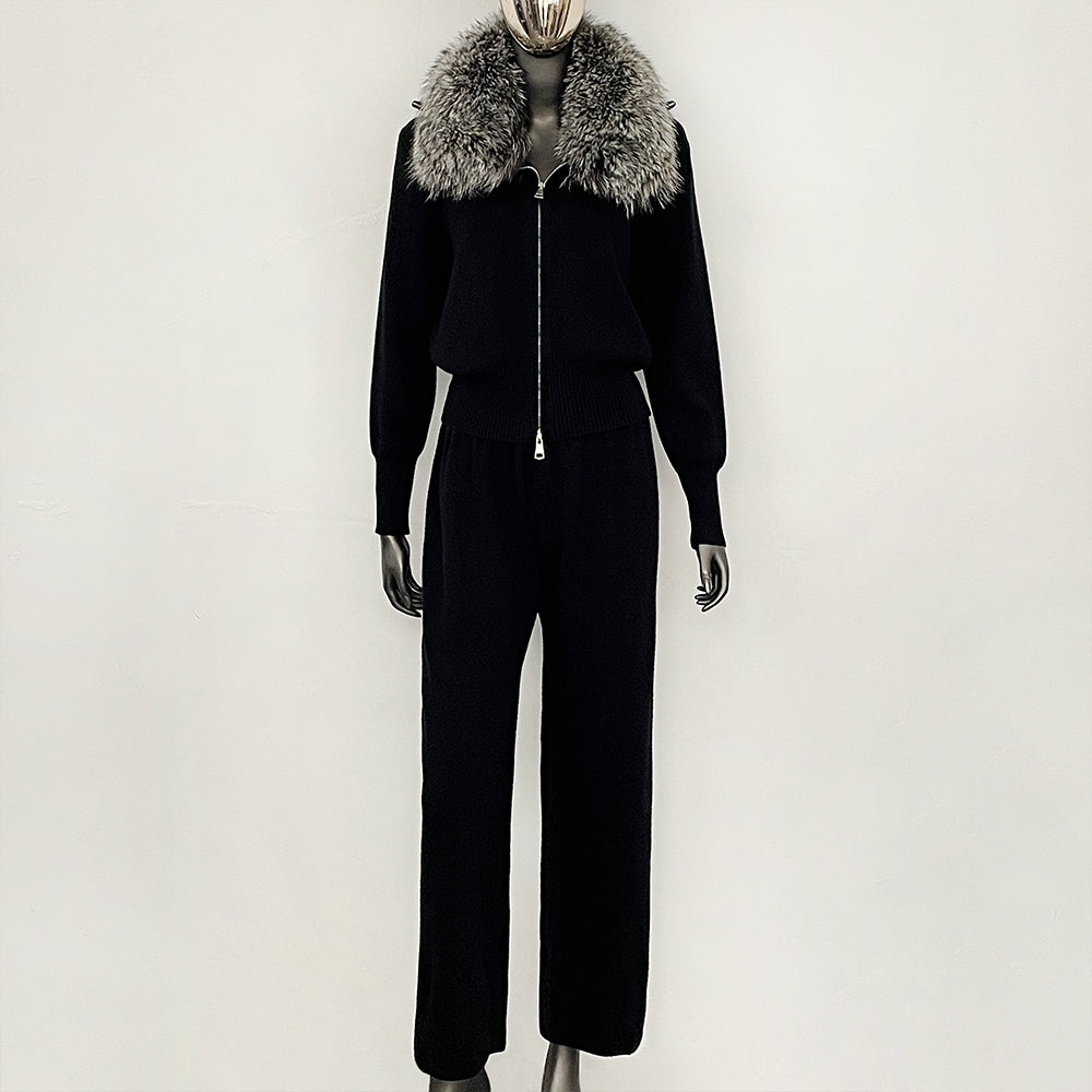 OFTBUY Winter New Women's Knitted Tracksuit Set with Fox Fur Collar Zipper Jacket Wide Leg Pants Luxury Casual Two-Piece Outfit