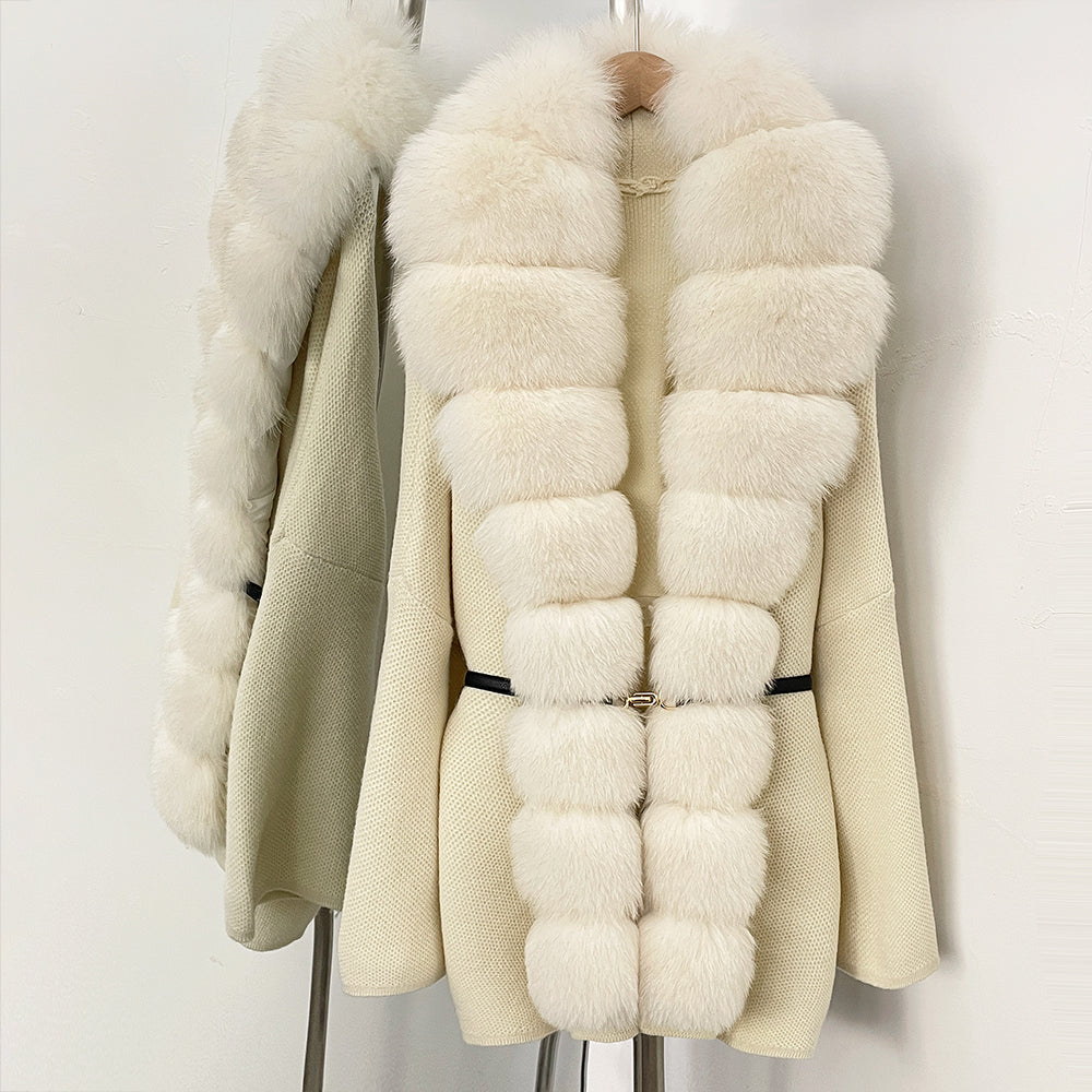 OFTBUY Metal Belt Knit Warm Winter Luxury Fashion Outerwear Sweater Cardigan New Women's Knit Coat with Full Real Fox Fur Front