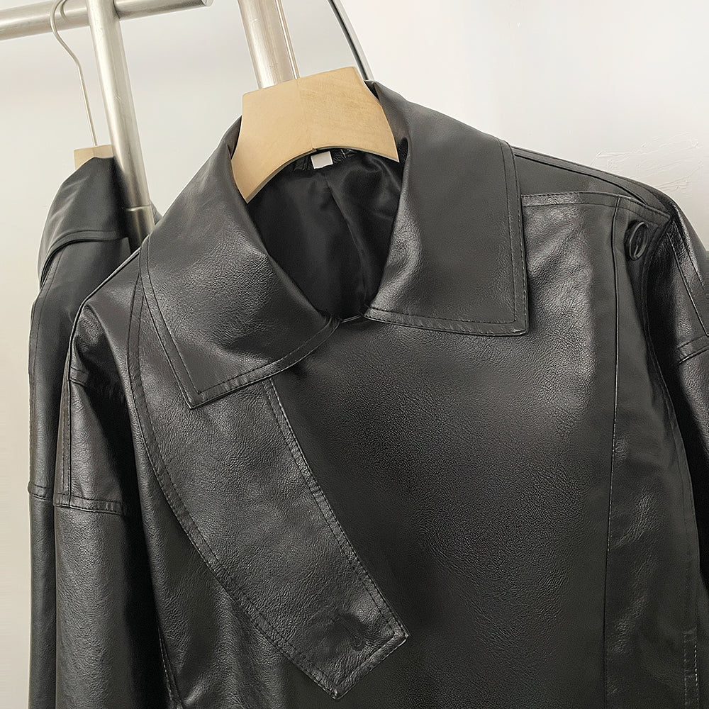 OFTBUY New Women's Clothes Faux Leather Jacket Lapel Collar Button Coat Female Elastic Hem Streetwear Fashion Casual Outerwear