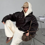 OFTBUY Womens Oversized Faux Leather Bomber Jacket