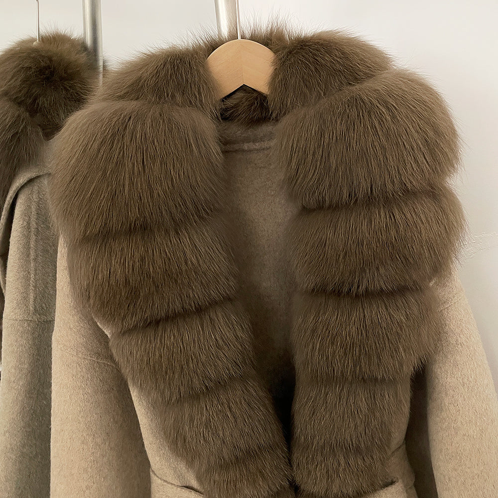 OFTBUY New Autumn Winter Clothes Women Big Natural Fox Fur Pinnacle 100% Wool Coat Female Belt Real Fur Collar Woolen Jacket